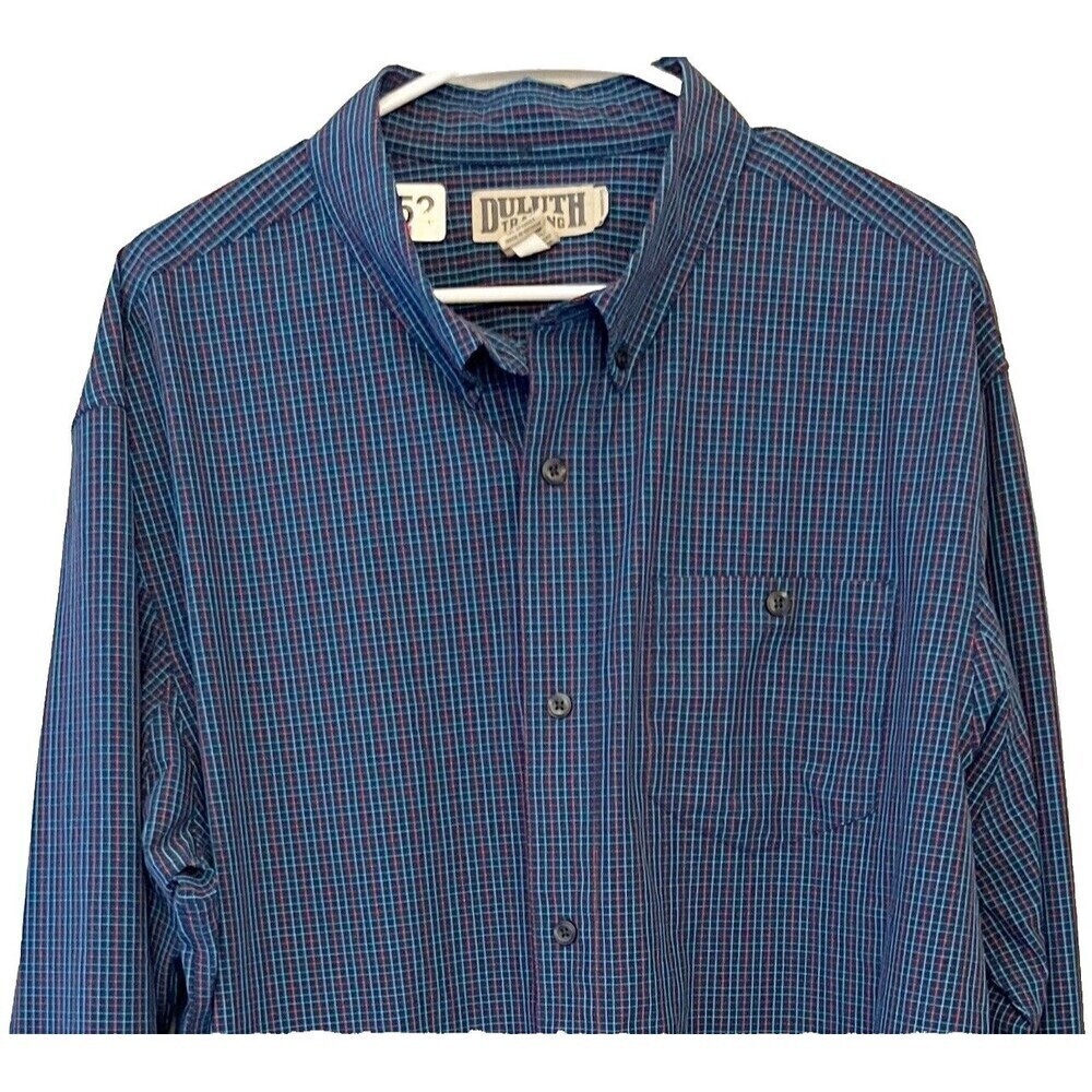 Duluth Trading Blue Check Button Down Shirt XL Men Polyester Preppy Plaid Dress